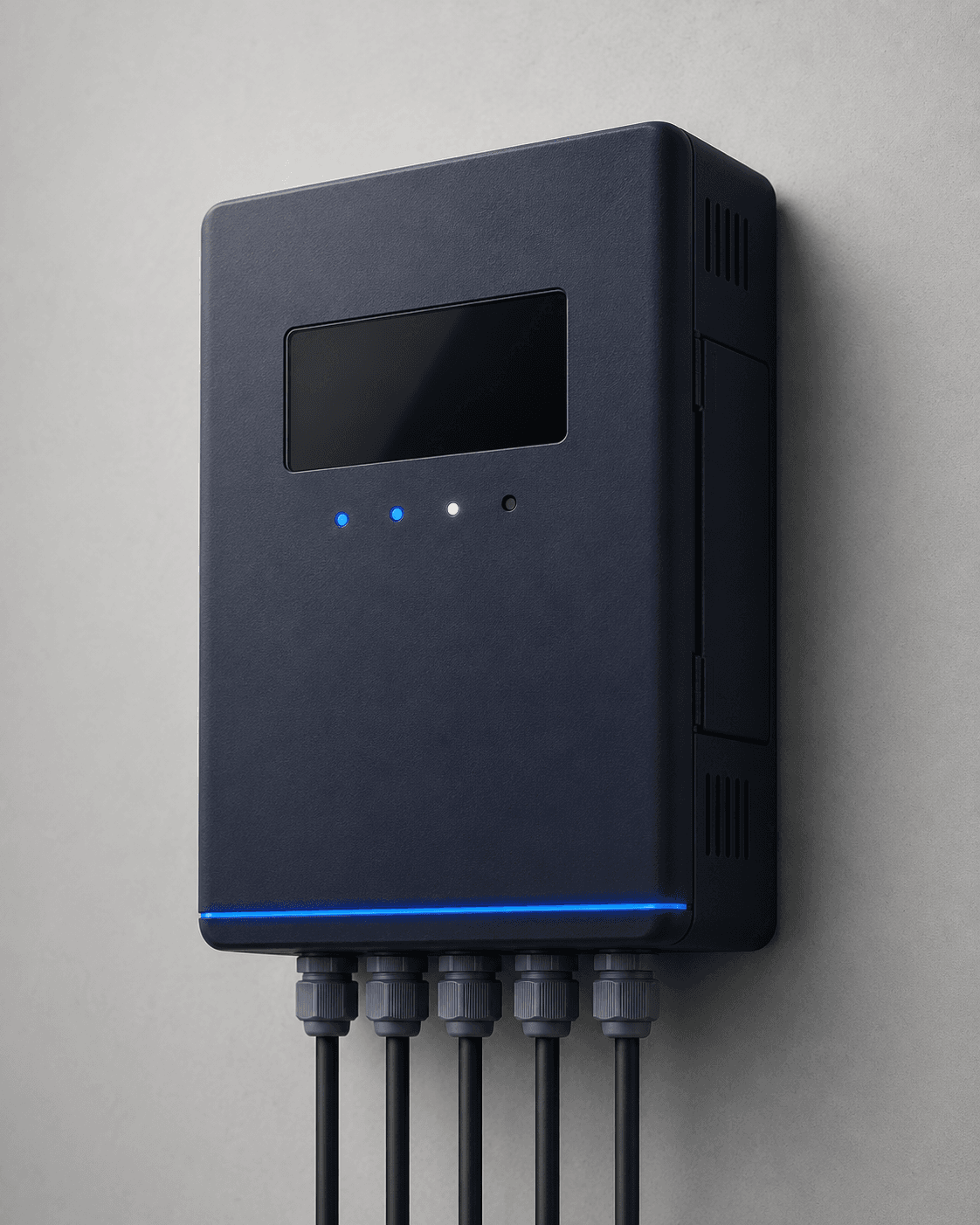 The wall-mounted navy Rovion Core controller with a dark glass panel and the signature blue accent line.